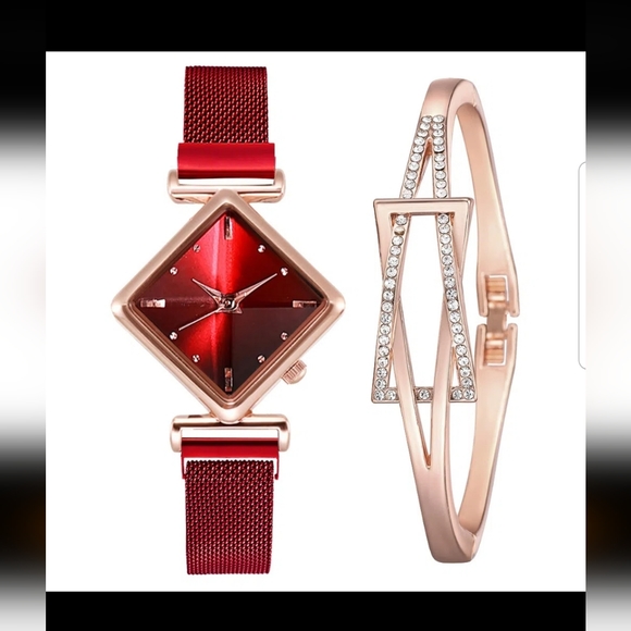 🎀NEW Mesh Strap Quartz Watch Triangle Bracelet 2pcs/set. Rose Goldtone. Black.⚘ - Picture 2 of 2